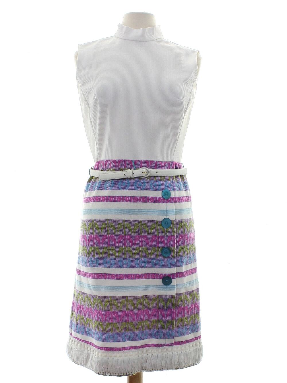 Vintage 70s Forget Me Not White Knit Geometric Fringe Midi Dress Women Small